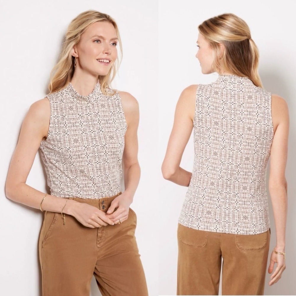 Evereve Robyne Sleeveless Top Ivory Mock Neck Brown Stretch Small Geometric